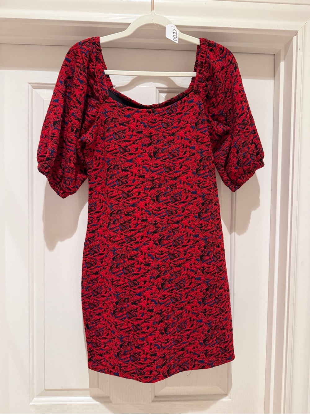 0032. Free People Red Textured Puff-Sleeve Mini